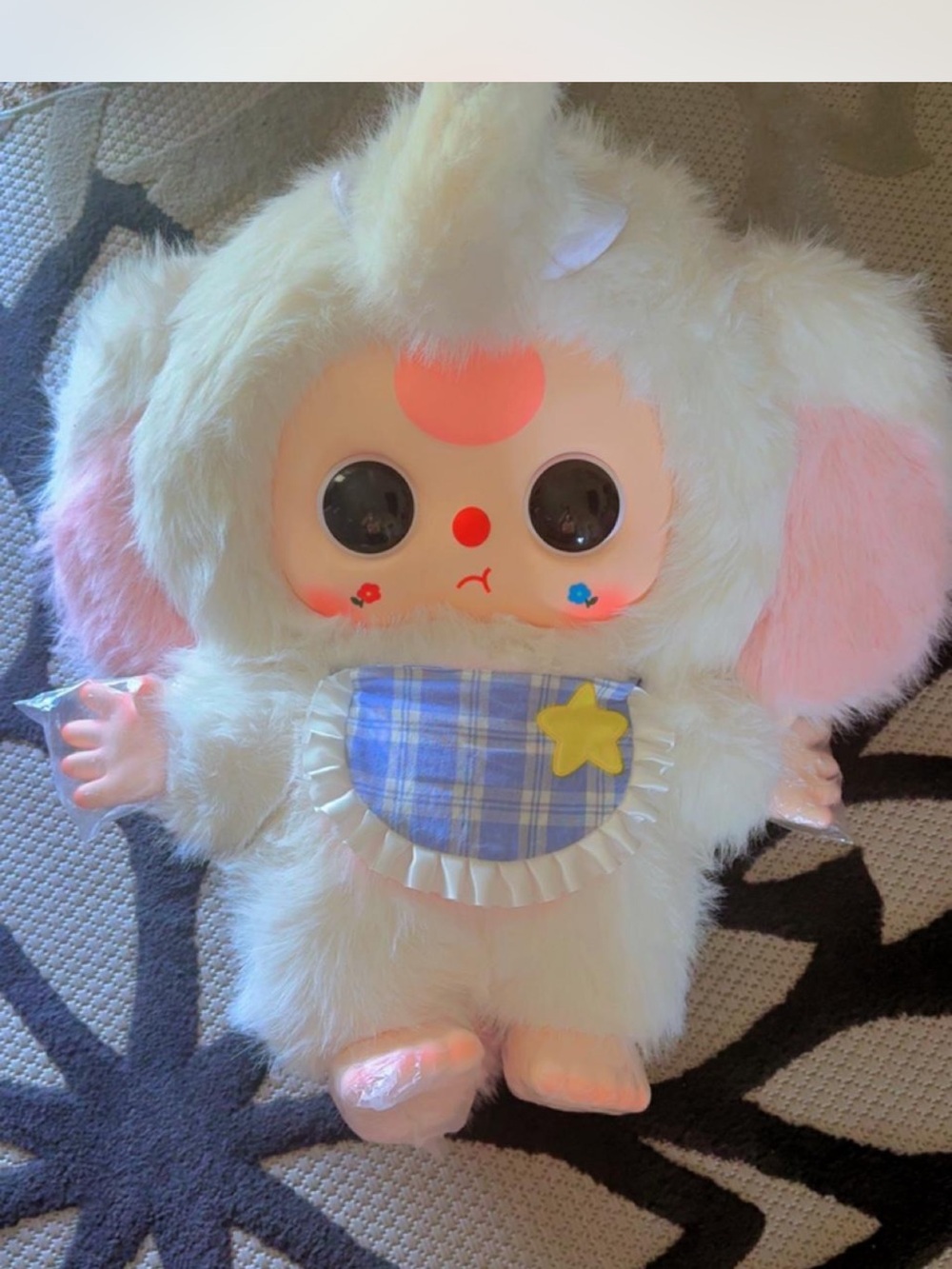 Plush White Lamb Stuffed Animal with Pink Ears and Blue Plaid Bib